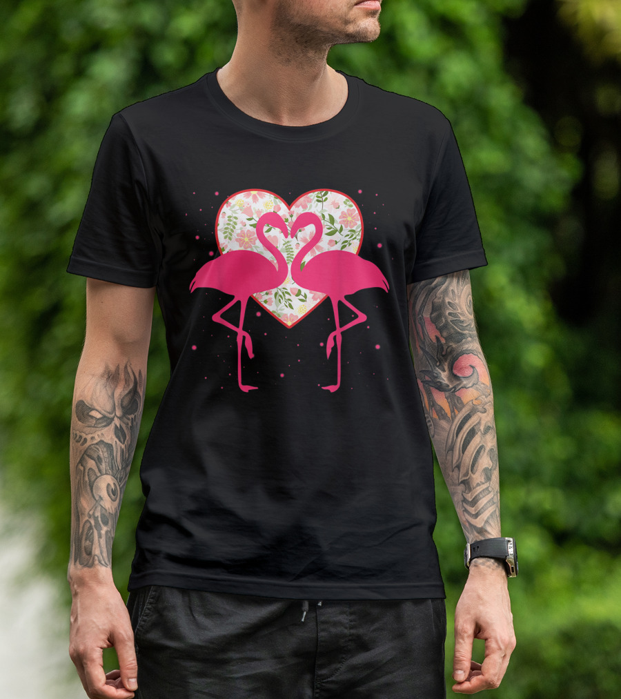 Valentine Pink Flamingos Heart Floral Flamingo Lover T-Shirt
