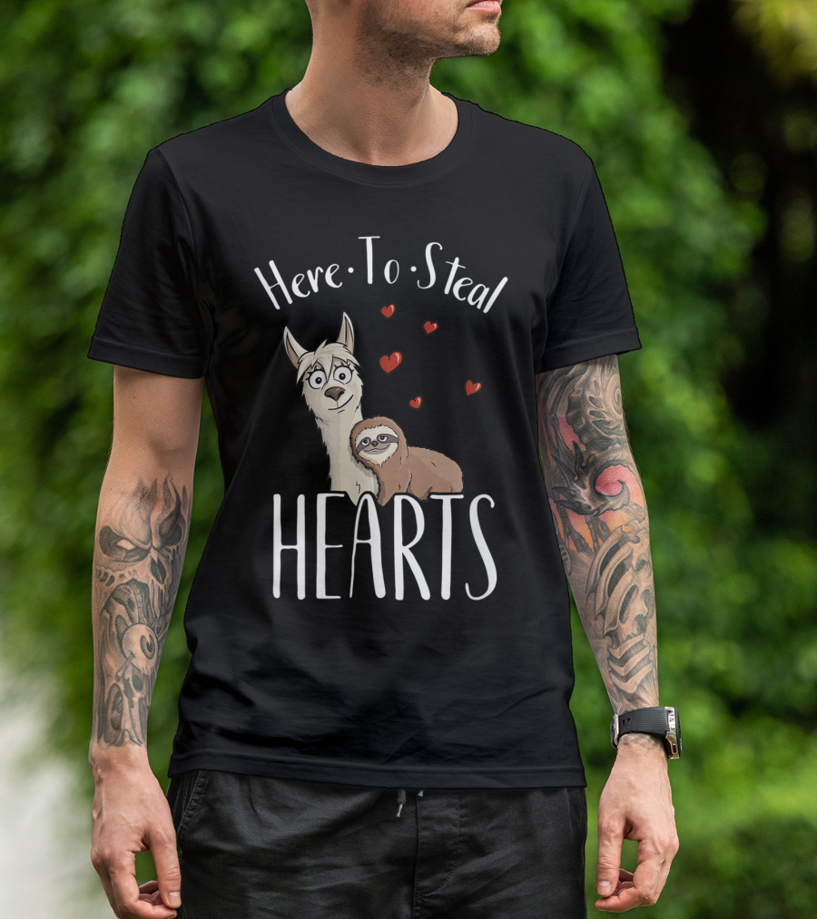 Here To Steal Hearts Valentine Sloth Riding Llama T-Shirt