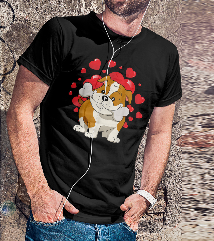 Bulldog Puppy With Hearts Valentines Day Love T-Shirt
