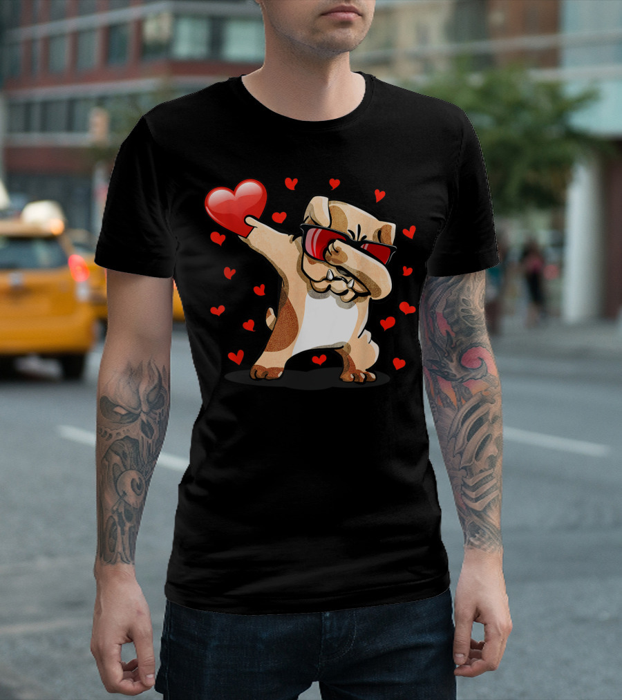 Dabbing Bulldog Sunglasses Holding Heart Surrounded by Valentines Day Hearts T-Shirt