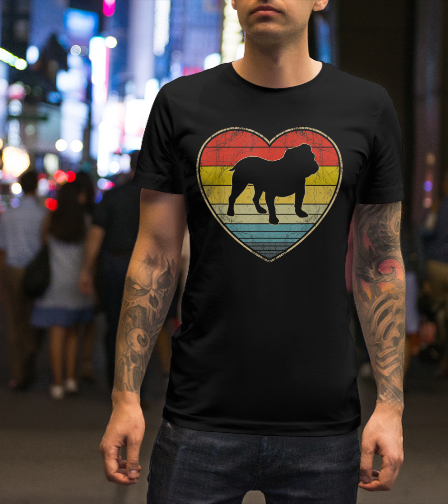English Bulldog Retro Heart Stripes T-Shirt