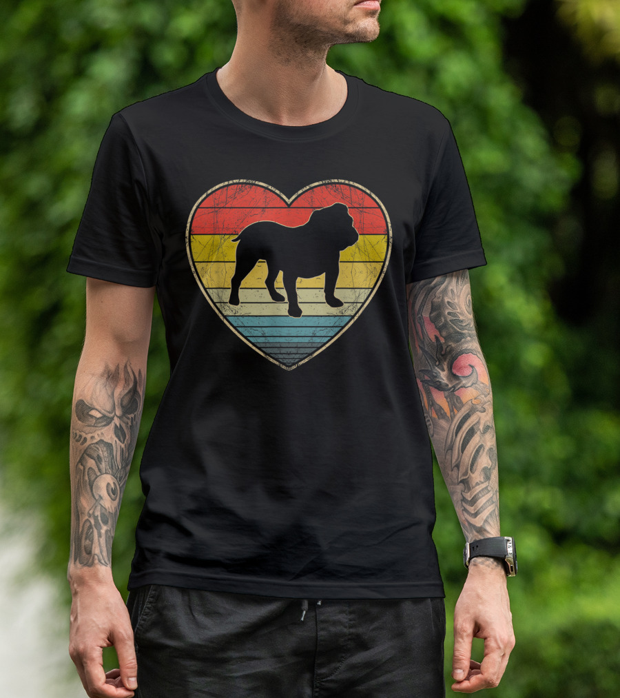 English Bulldog Retro Heart Stripes T-Shirt