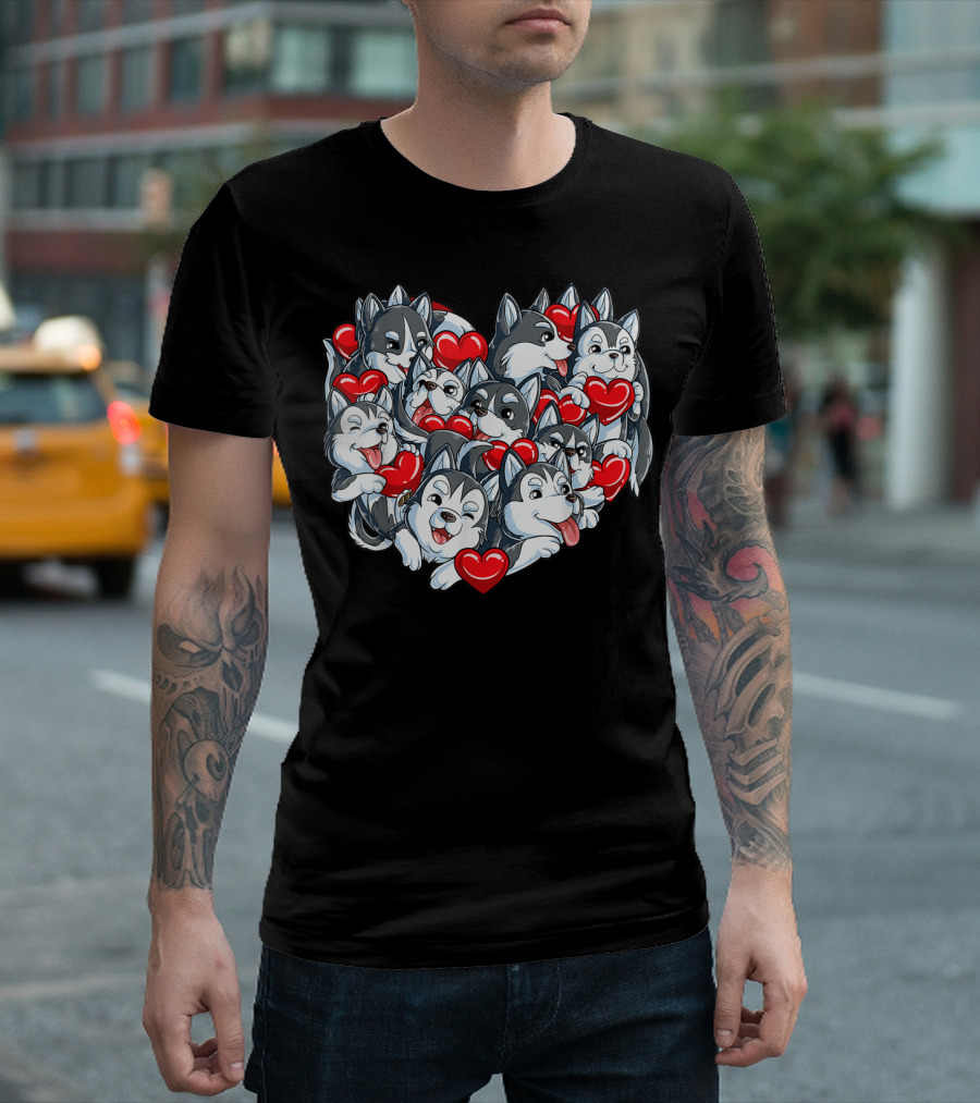Valentines Day Siberian Husky Heart Lover Cute Puppies with Red Hearts T-Shirt