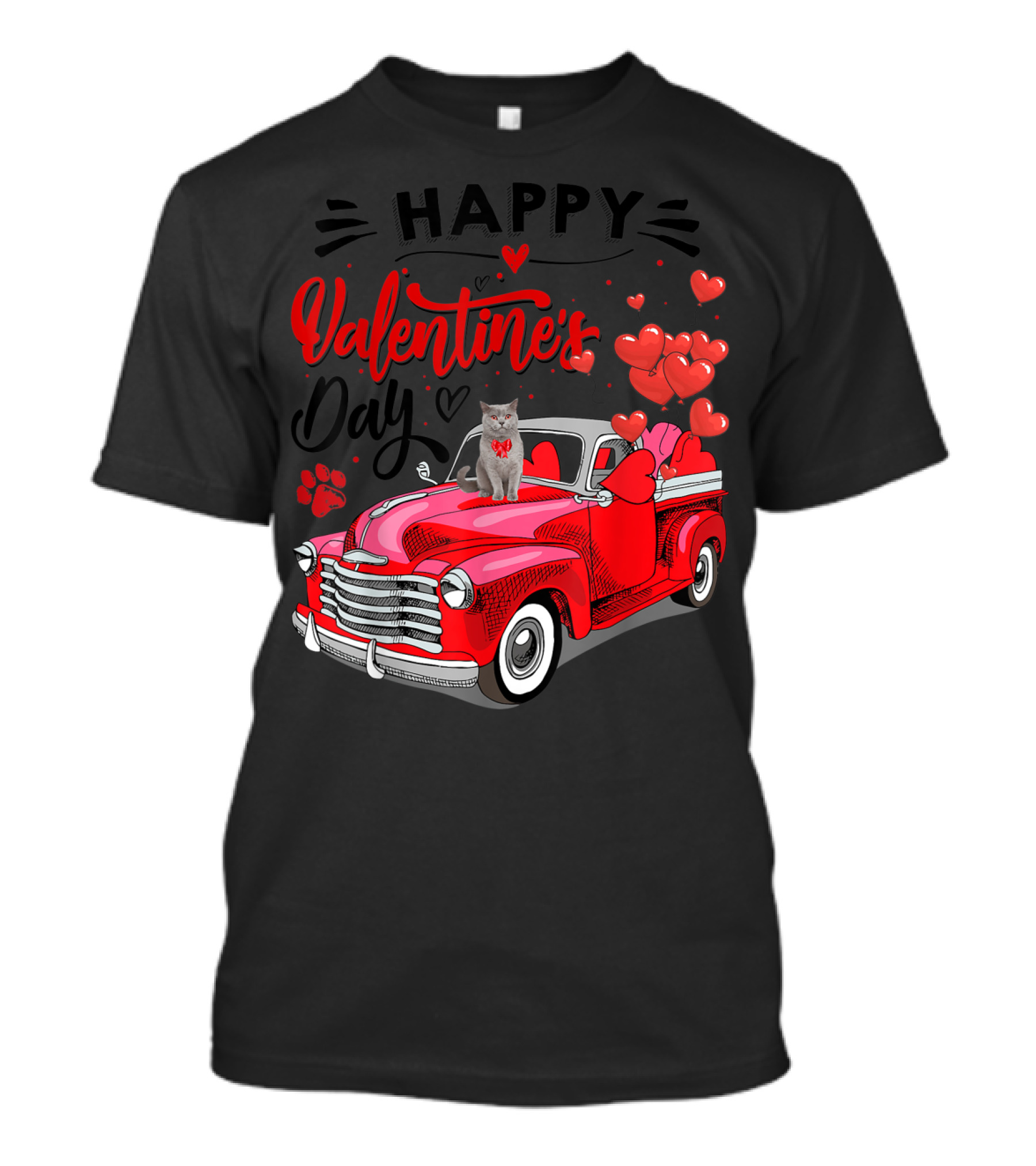 Happy Valentine's Day Cat Red Truck With Hearts Fun Meowy T-Shirt