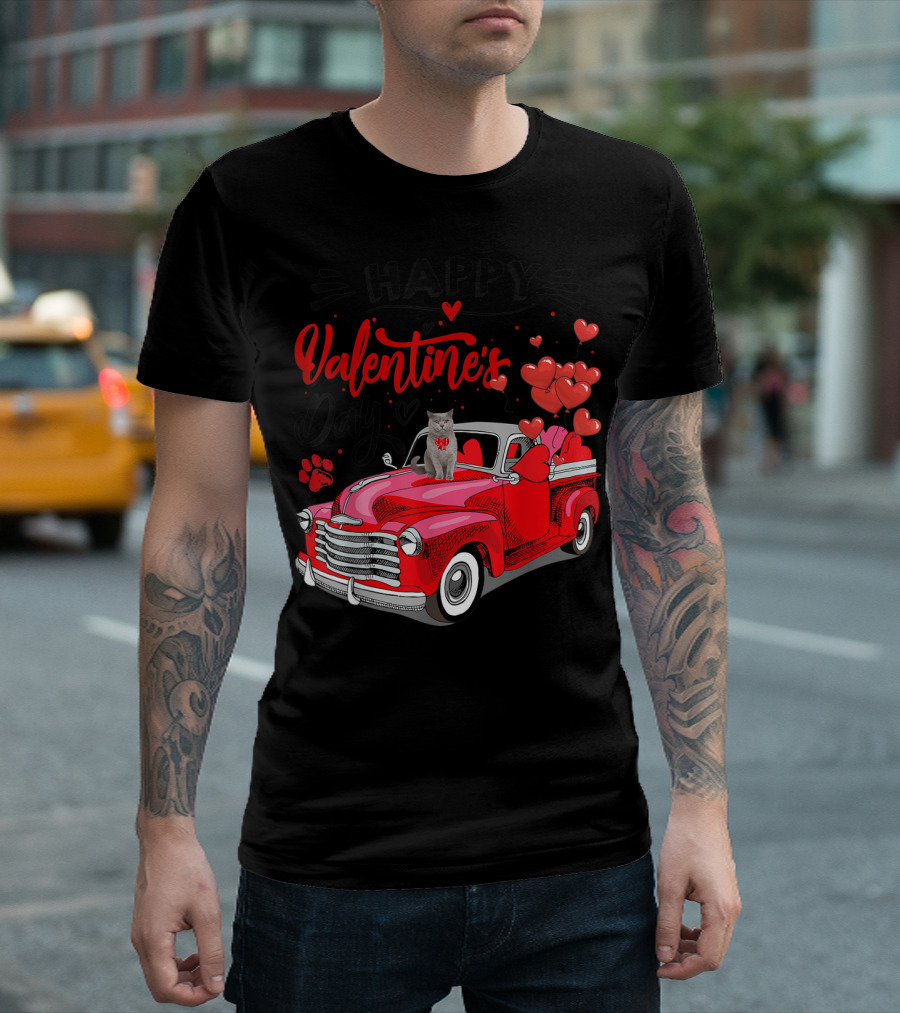 Happy Valentine's Day Cat Red Truck With Hearts Fun Meowy T-Shirt