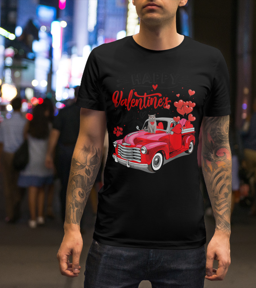 Happy Valentine's Day Cat Red Truck With Hearts Fun Meowy T-Shirt