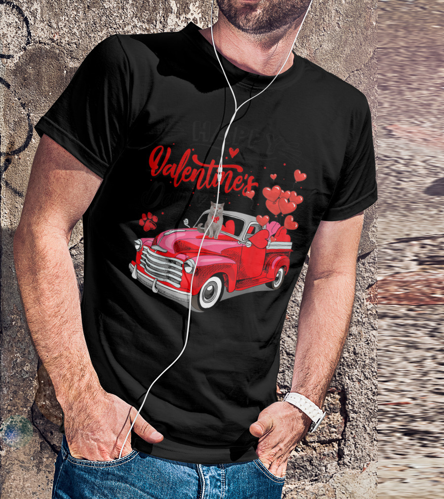 Happy Valentine's Day Cat Red Truck With Hearts Fun Meowy T-Shirt