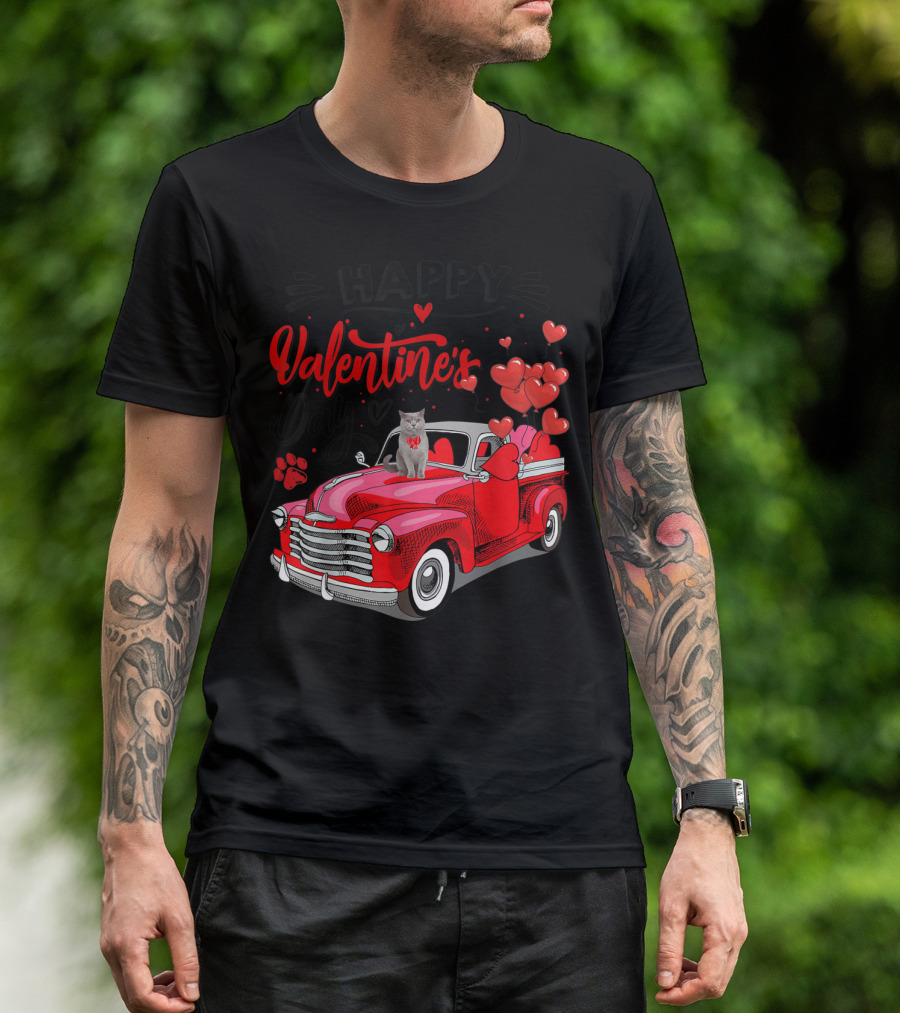 Happy Valentine's Day Cat Red Truck With Hearts Fun Meowy T-Shirt