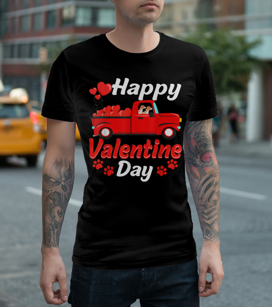 Happy Valentine Day Cute Couple Jack Russell Terrier Red Truck T-Shirt