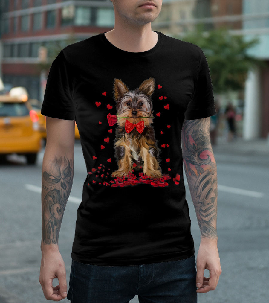 Yorkshire Valentine Dog With Rose And Hearts For Dog Lovers T-Shirt
