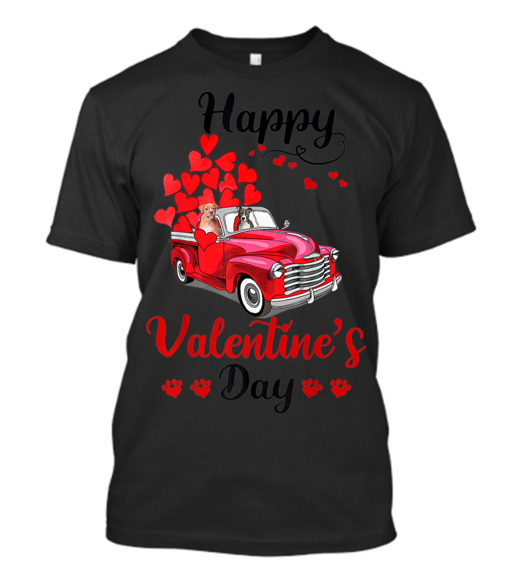 Happy Valentine's Day Cute Couple Pit Bull Dog Red Truck Hearts T-Shirt