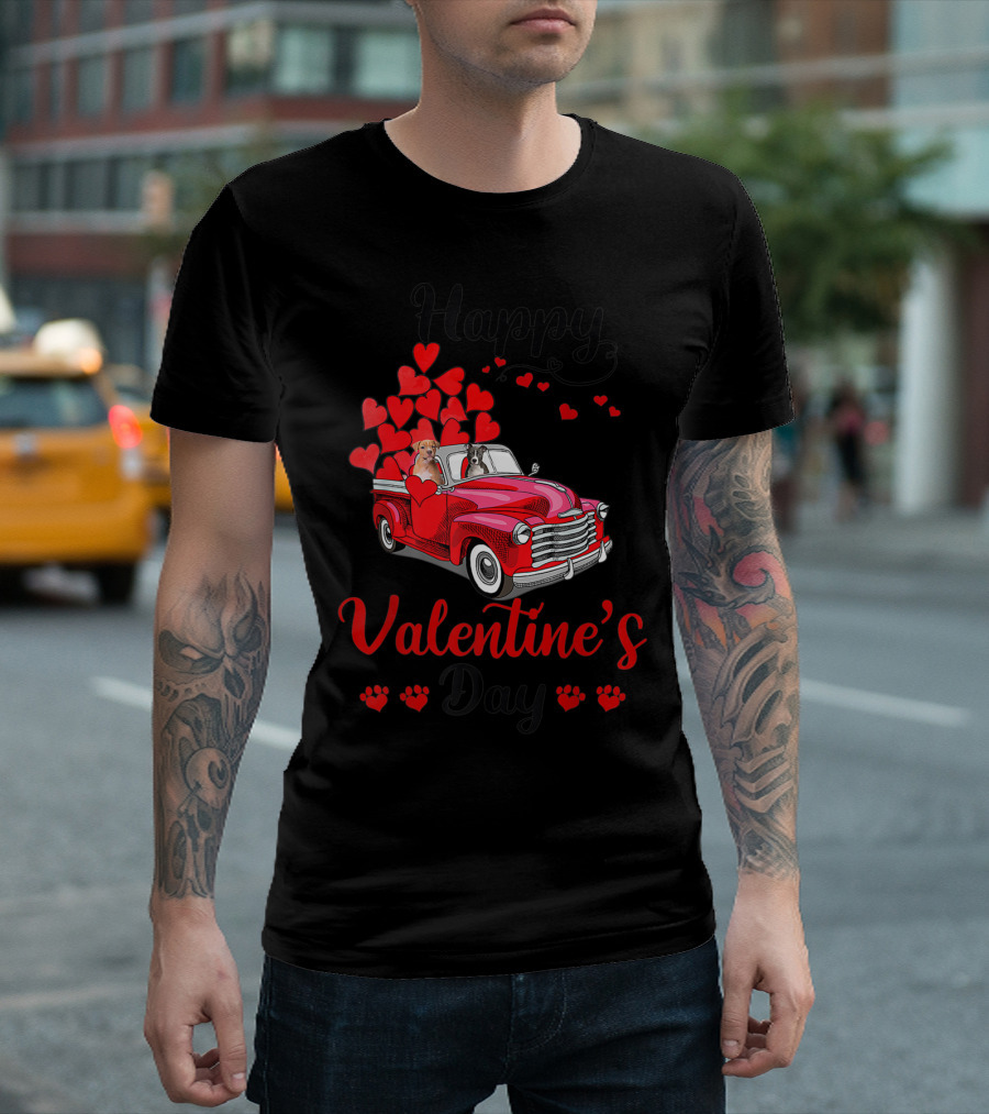 Happy Valentine's Day Cute Couple Pit Bull Dog Red Truck Hearts T-Shirt