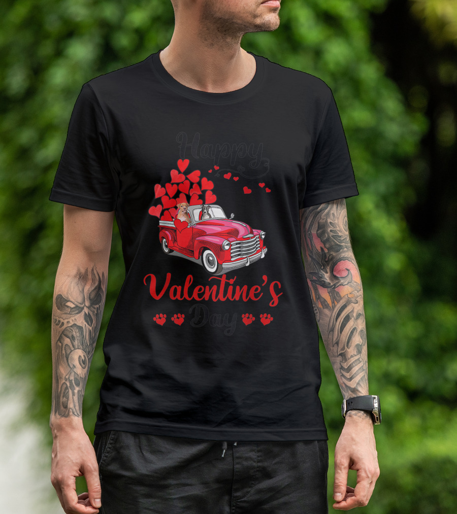 Happy Valentine's Day Cute Couple Pit Bull Dog Red Truck Hearts T-Shirt