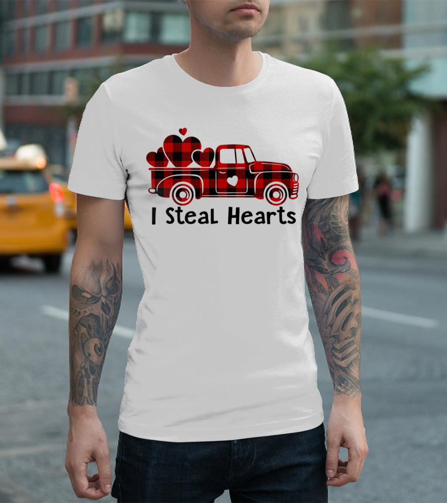 Red Buffalo Plaid Truck with Hearts I Steal Hearts T-Shirt