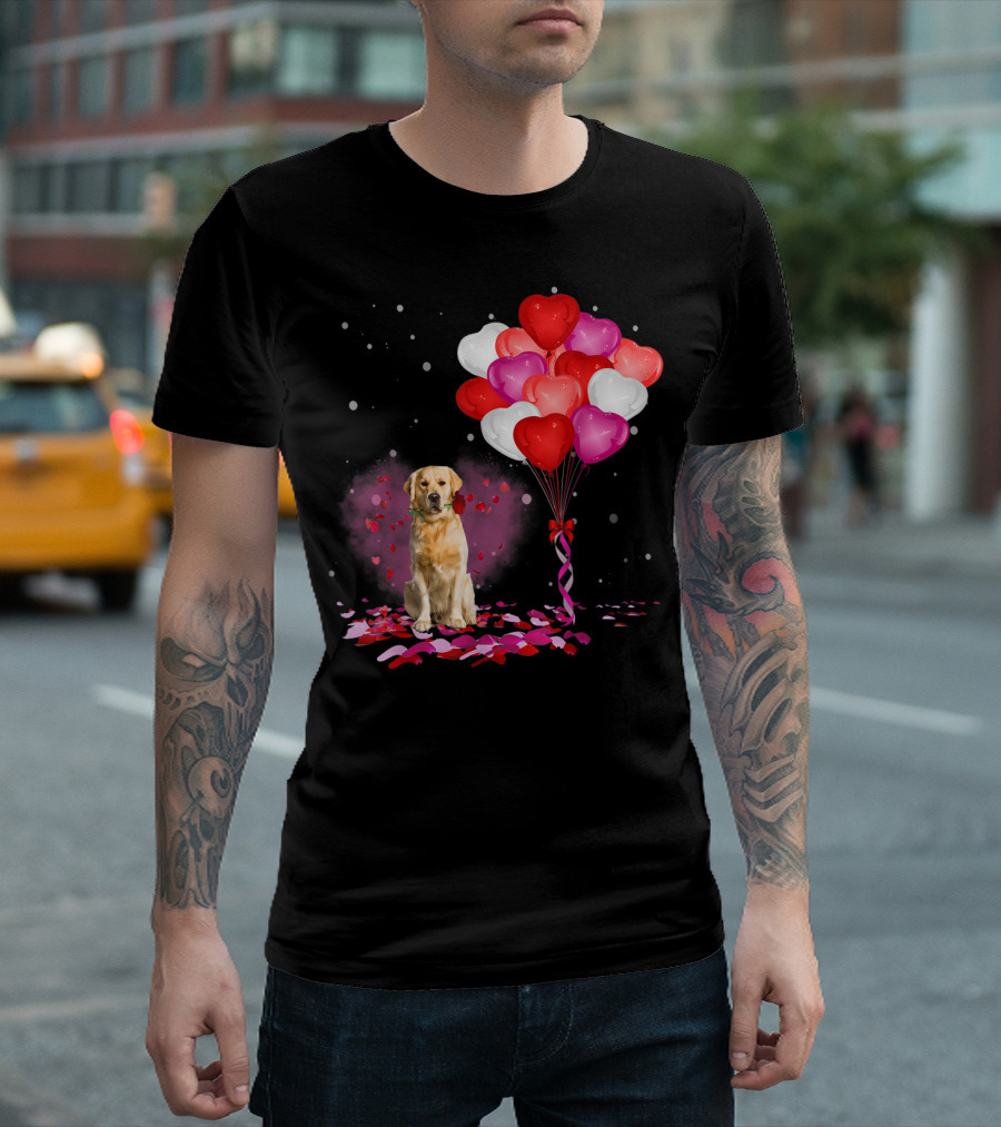 Valentine Day Golden Retriever with Rose Petals and Heart Balloons T-Shirt