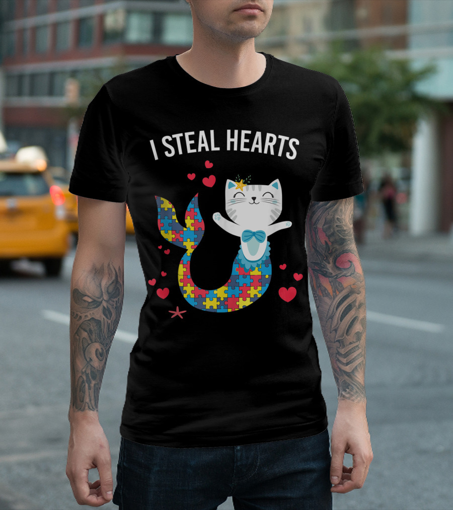 I Steal Hearts Autism Cat Mermaid Purrmaid T-Shirt