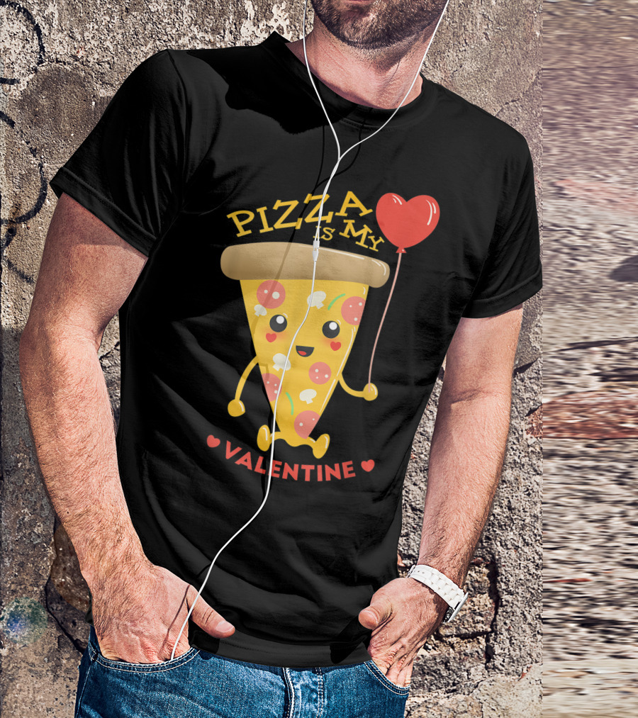 Valentines Day Pizza Is My Valentine Boy Heart Balloon Pepperoni Cheesy Slice T-Shirt