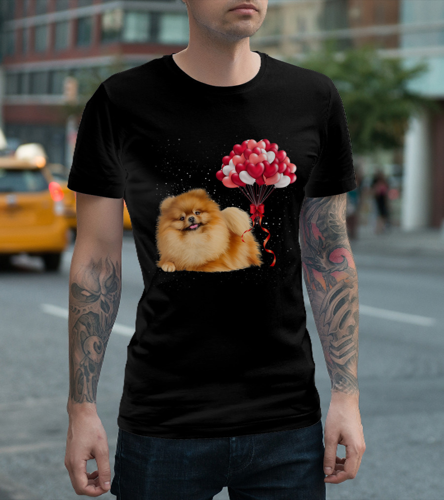 Pomeranian Valentines Day Funny Dog With Heart Balloons T-Shirt