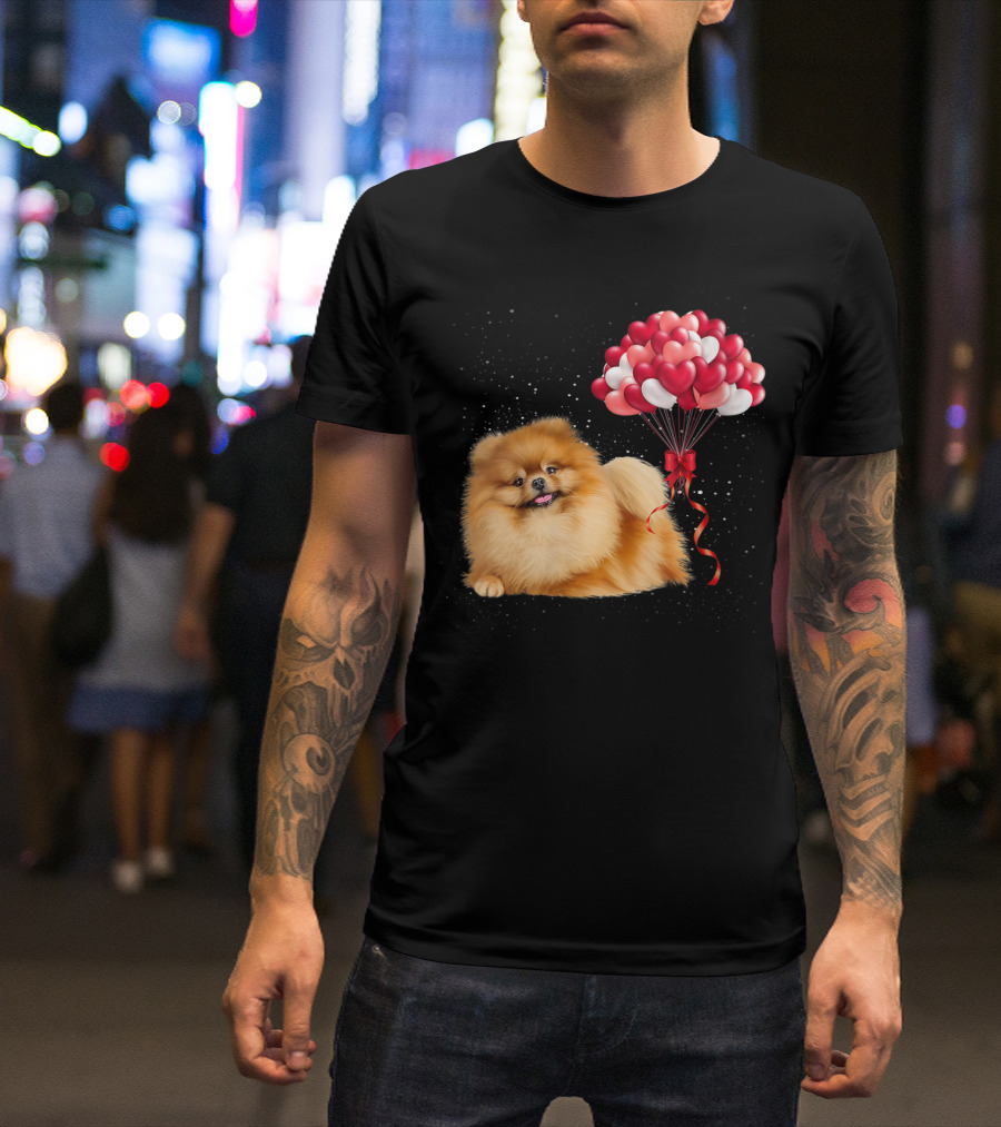 Pomeranian Valentines Day Funny Dog With Heart Balloons T-Shirt