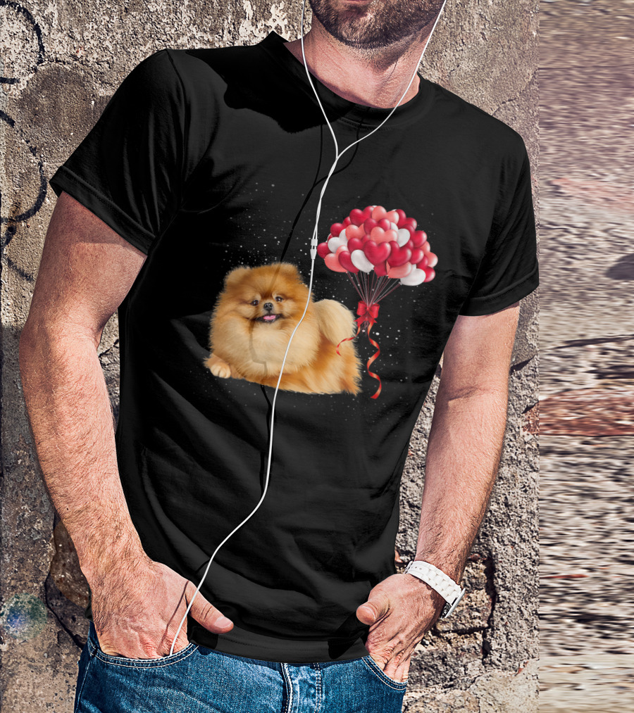 Pomeranian Valentines Day Funny Dog With Heart Balloons T-Shirt