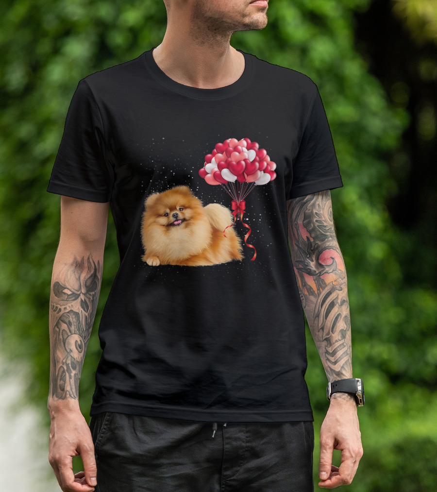 Pomeranian Valentines Day Funny Dog With Heart Balloons T-Shirt