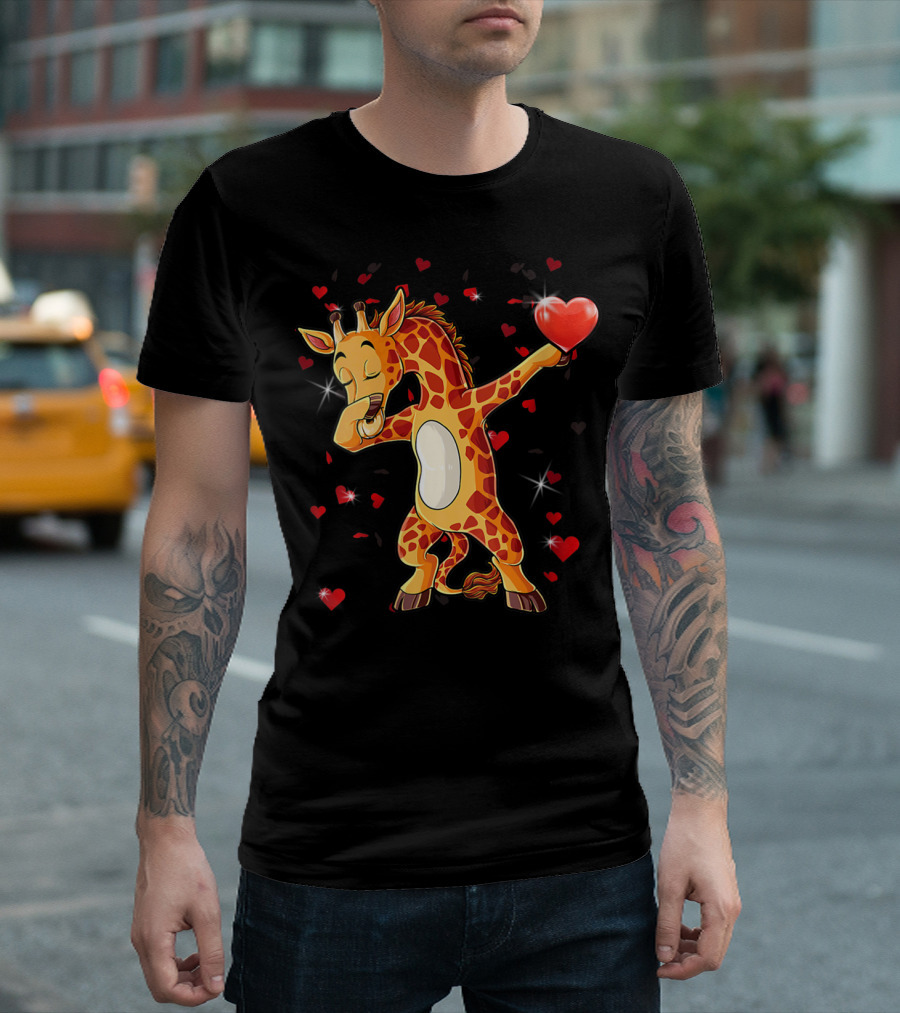 Valentine Girls Cute Dabbing Giraffe Holding Heart T-Shirt
