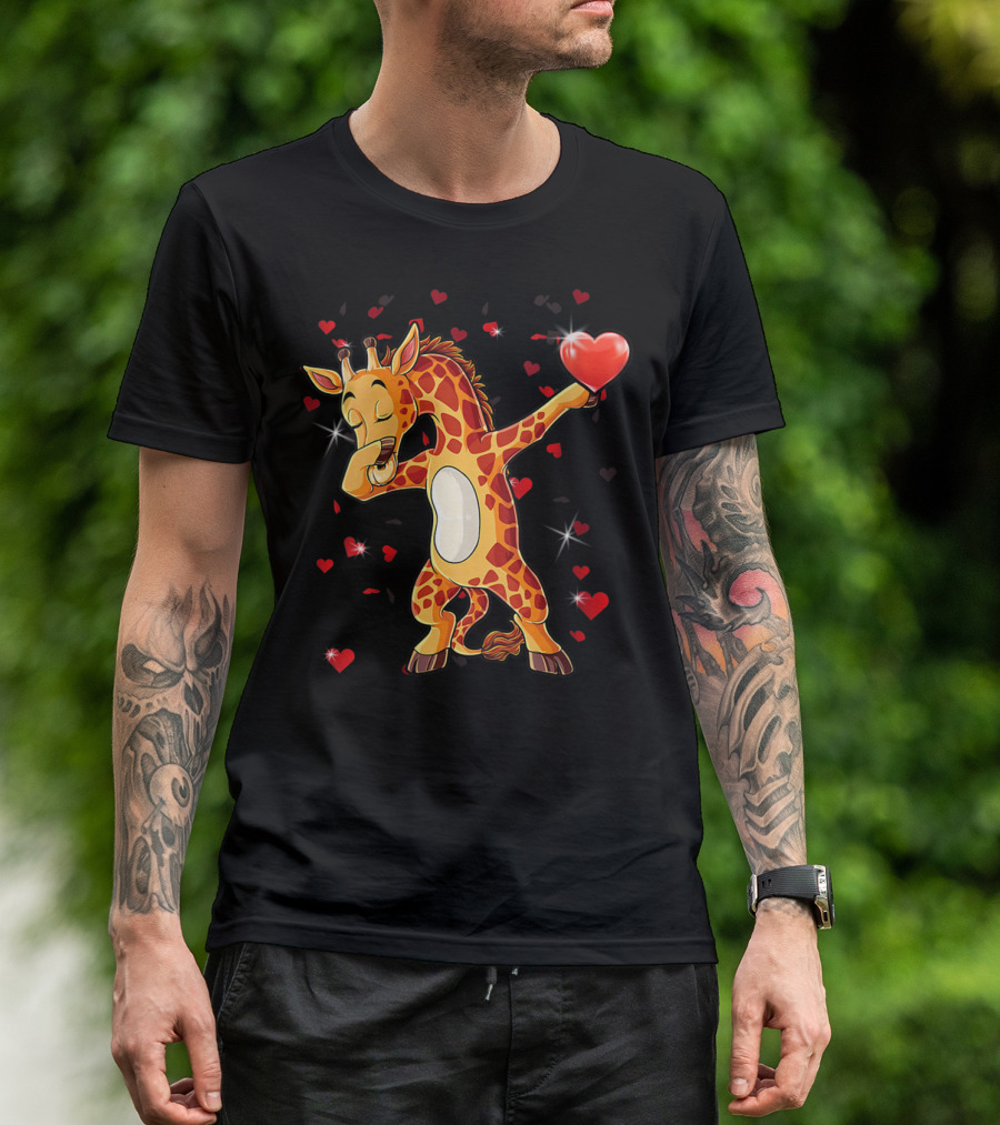 Valentine Girls Cute Dabbing Giraffe Holding Heart T-Shirt