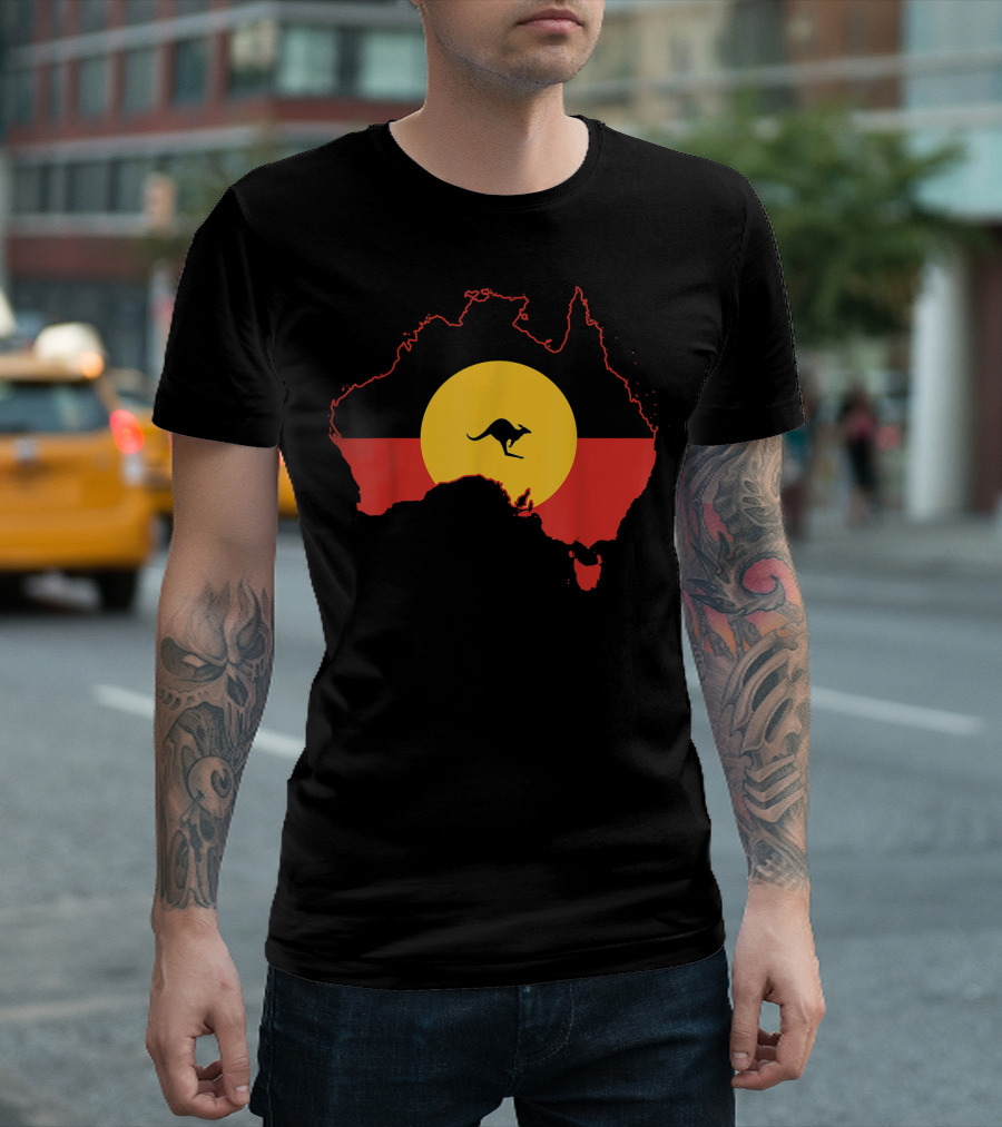Aboriginal Flag Australia Map with Kangaroo T-Shirt