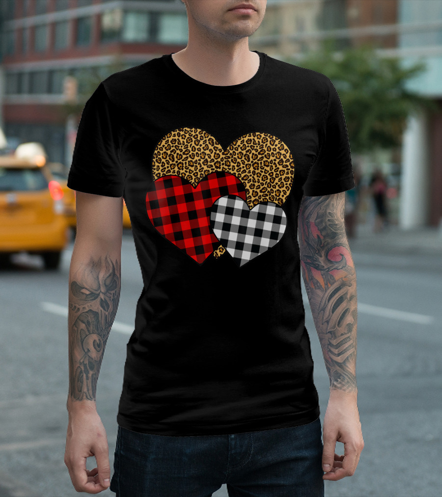 Buffalo Red Black Plaid With Leopard Hearts T-Shirt