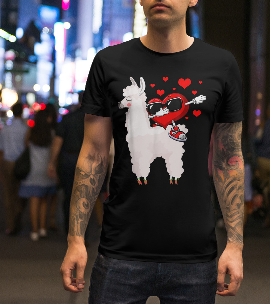 Heart Dabbing On Llama With Hearts Valentine Fun T-Shirt
