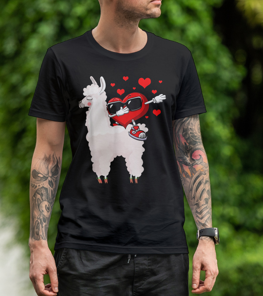 Heart Dabbing On Llama With Hearts Valentine Fun T-Shirt