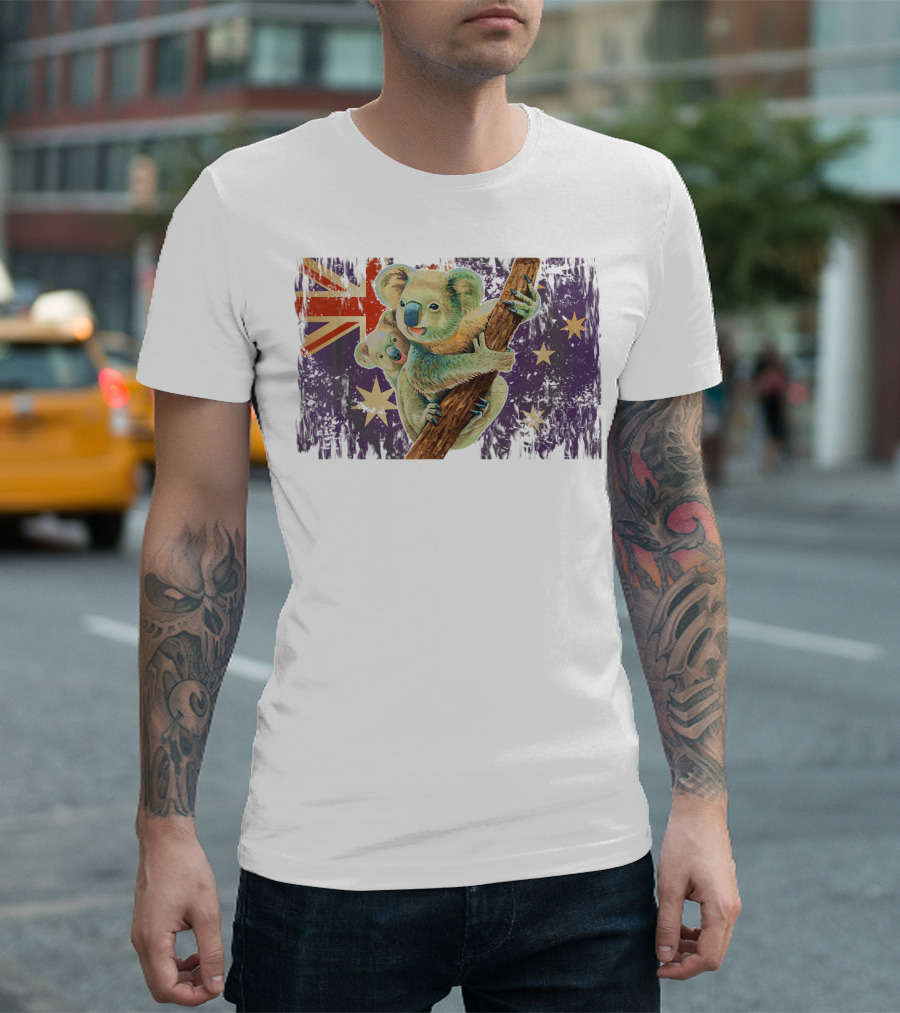 Koalas Climbing with Australia Flag Stars Australia Day Lovers T-Shirt
