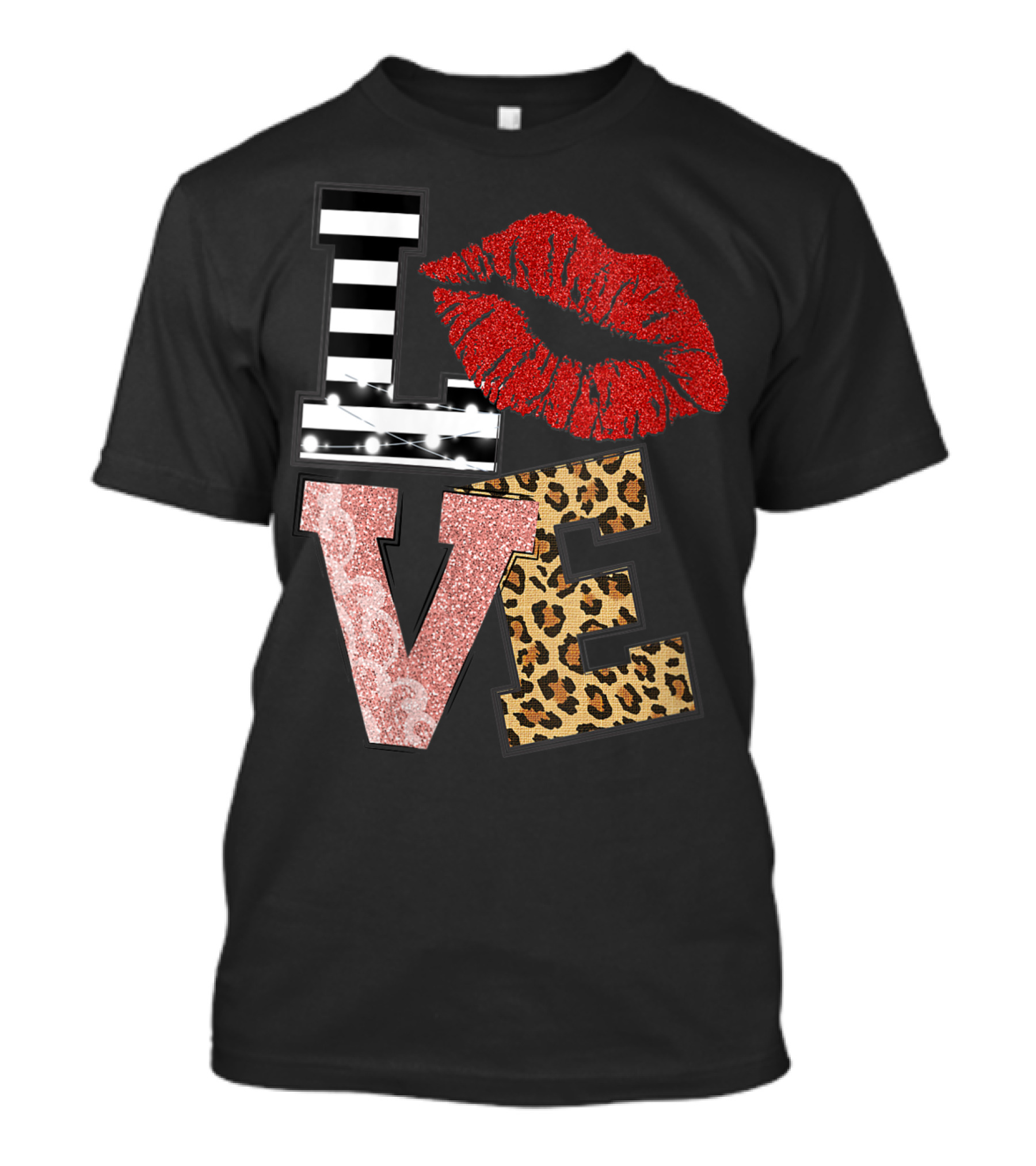 Valentine Red Lips Love Black White Stripe Pink Glitter Leopard T-Shirt