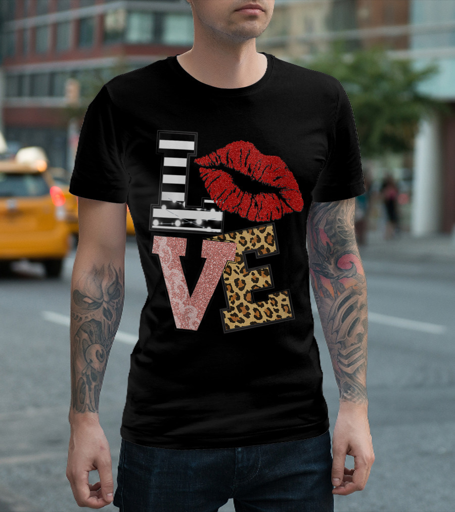 Valentine Red Lips Love Black White Stripe Pink Glitter Leopard T-Shirt
