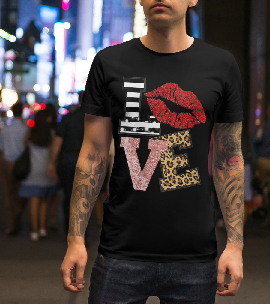 Valentine Red Lips Love Black White Stripe Pink Glitter Leopard T-Shirt