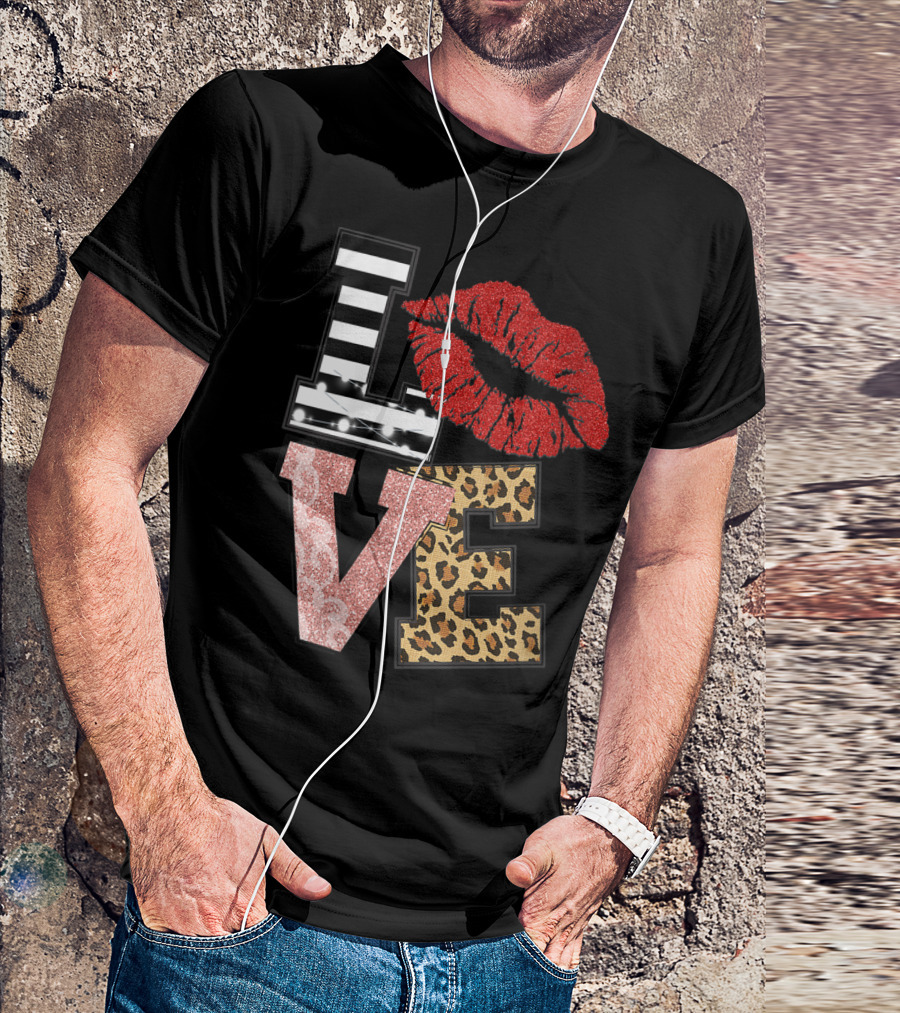 Valentine Red Lips Love Black White Stripe Pink Glitter Leopard T-Shirt