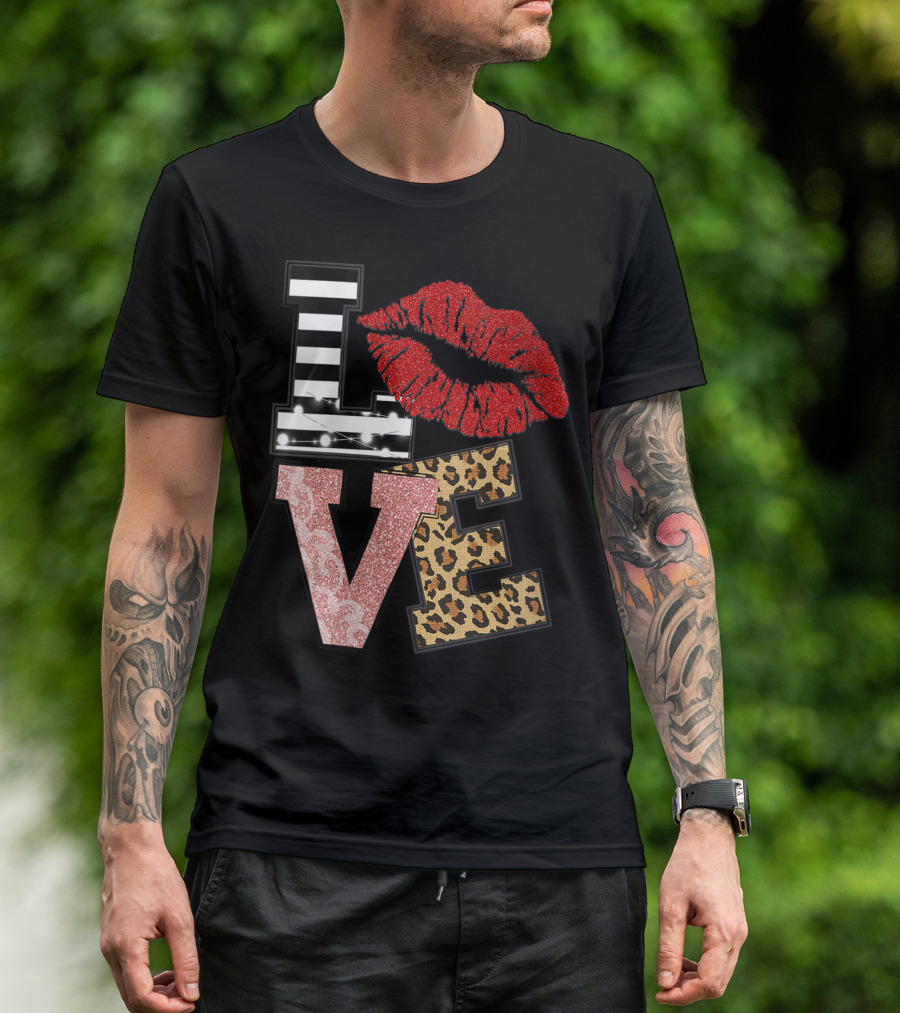 Valentine Red Lips Love Black White Stripe Pink Glitter Leopard T-Shirt