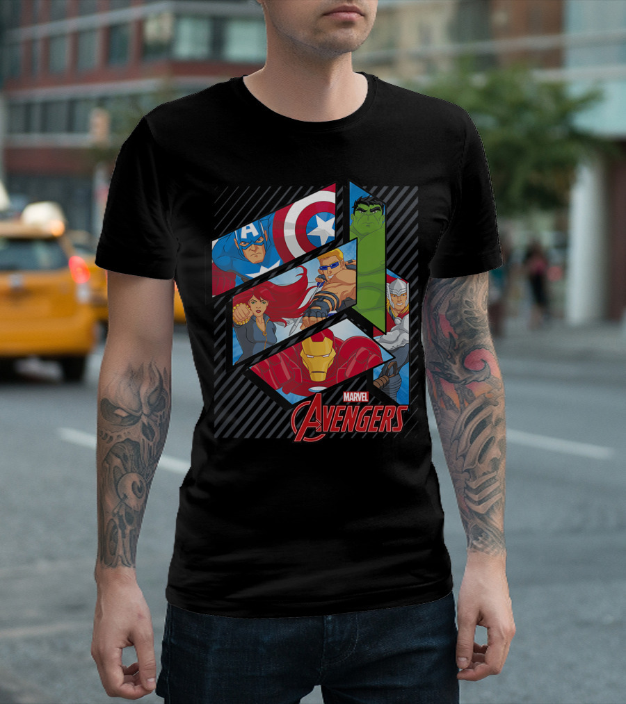 Marvel Avengers Captain America Hulk Thor Iron Man Black Widow Striped Panels T-Shirt