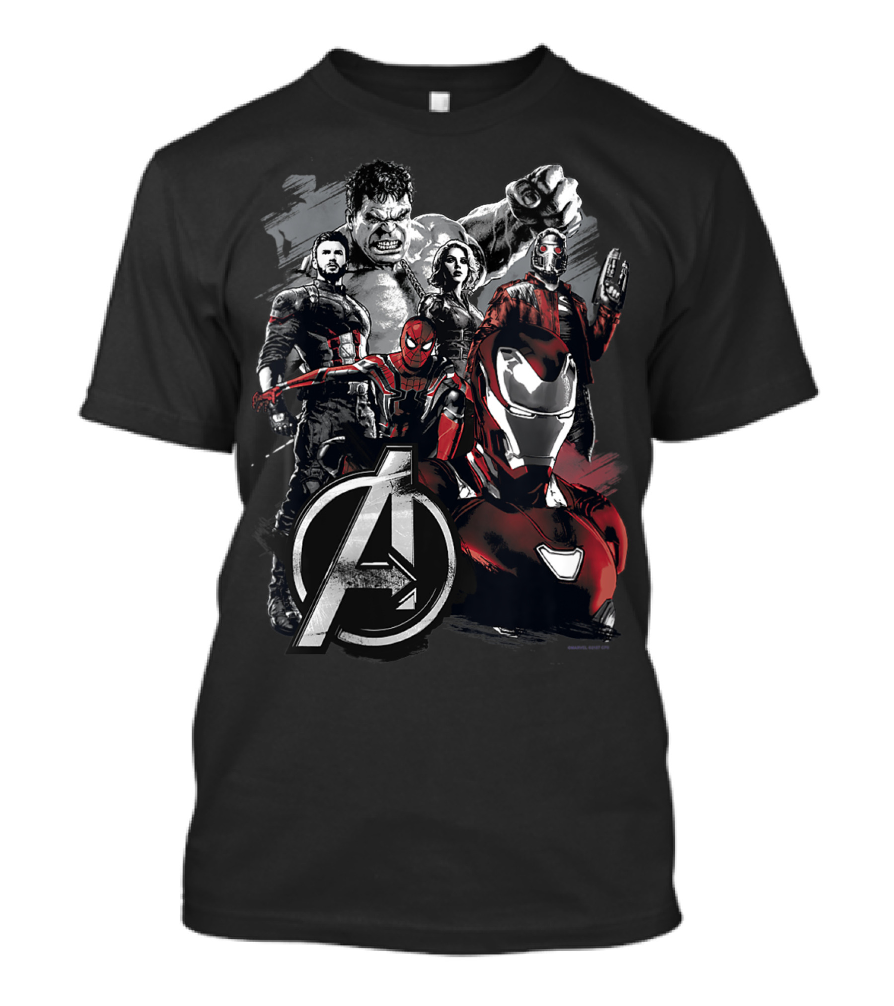 Avengers Marvel Group Shot Red Iron Man Spider-Man Hulk Thor Black Widow Star-Lord T-Shirt