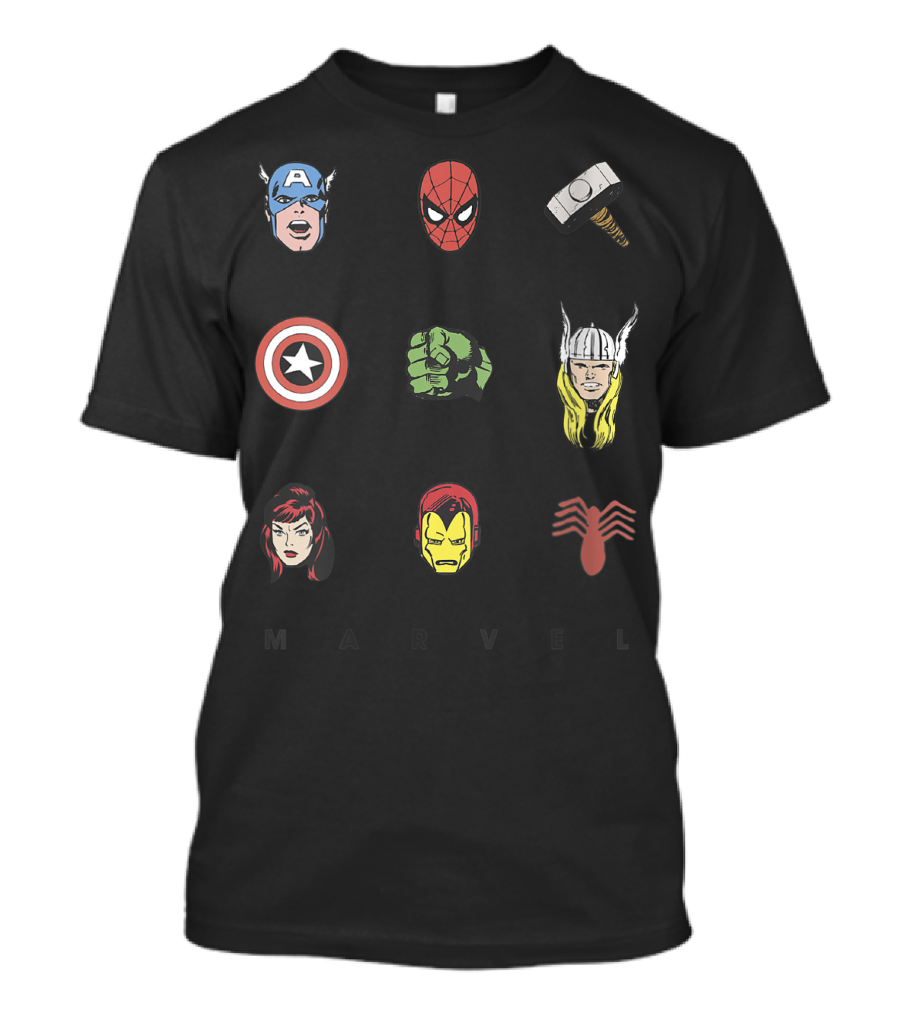 Marvel Avengers Captain America Spider-Man Thor Hulk Iron Man Black Widow Symbols T-Shirt