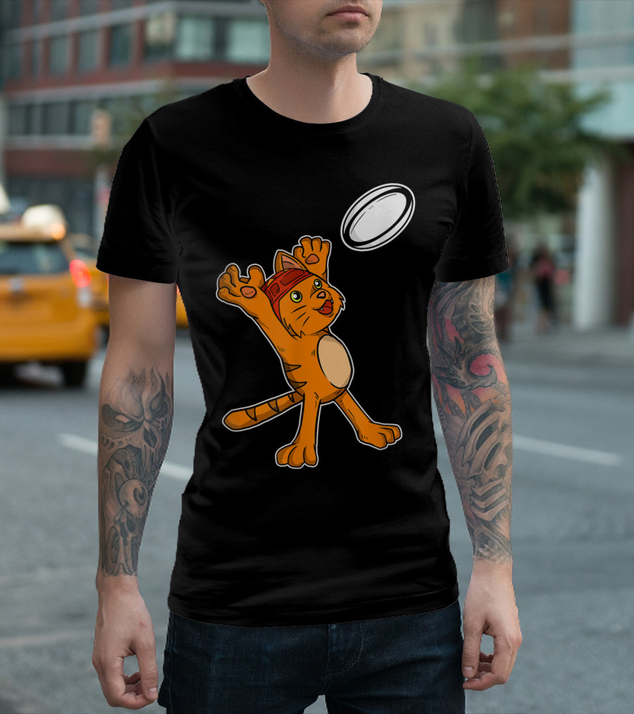 Funny Cat Playing Rugby Catching Ball T-Shirt