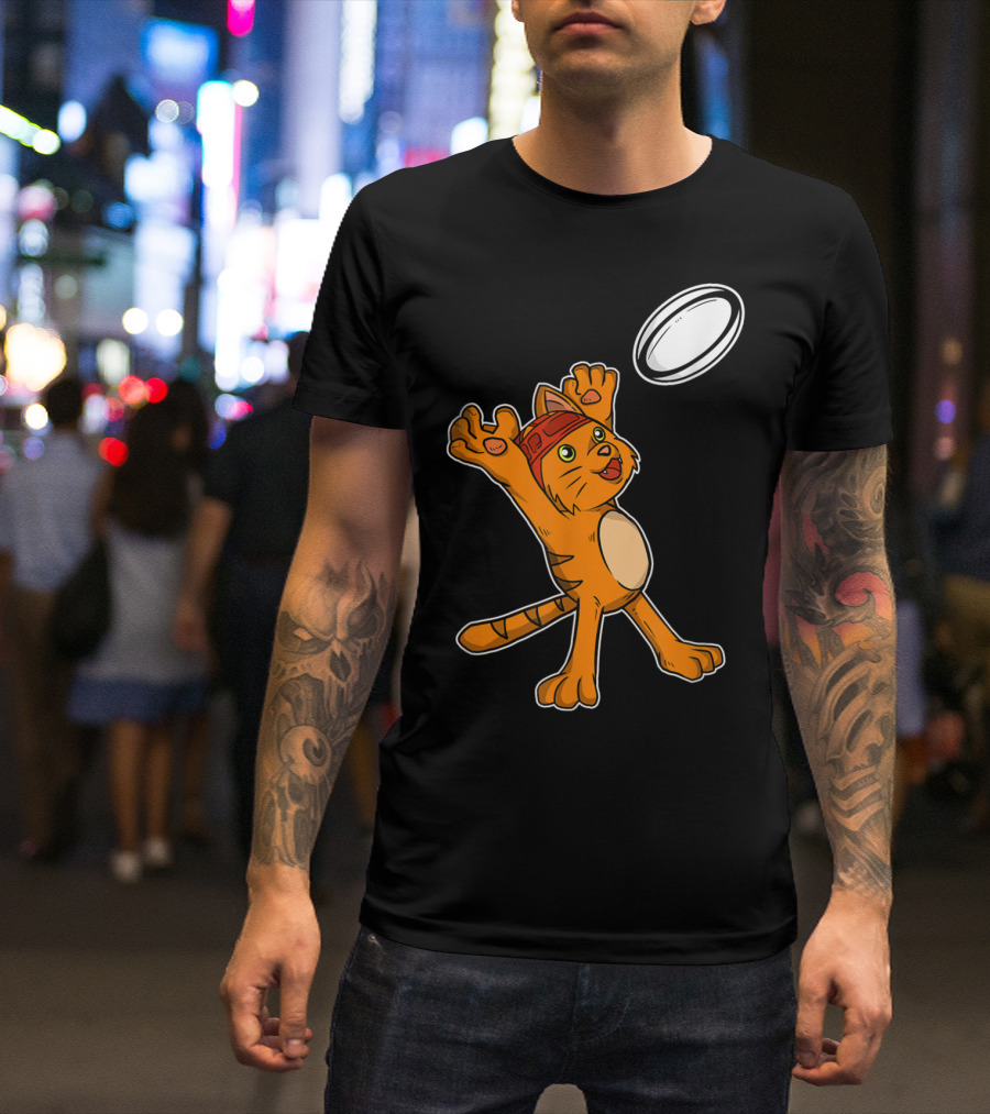 Funny Cat Playing Rugby Catching Ball T-Shirt