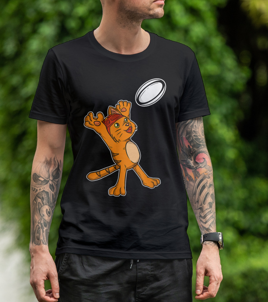 Funny Cat Playing Rugby Catching Ball T-Shirt
