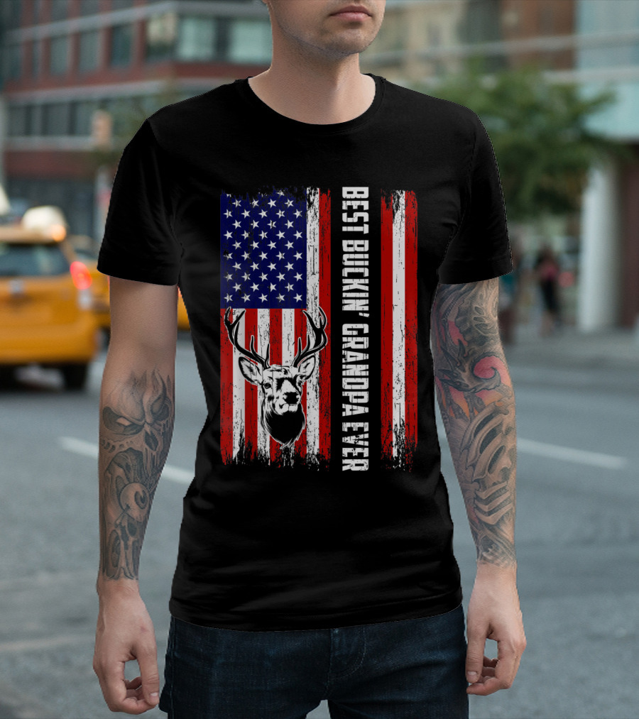 Best Buckin' Grandpa Ever American Flag Deer Hunting Bucking T-Shirt