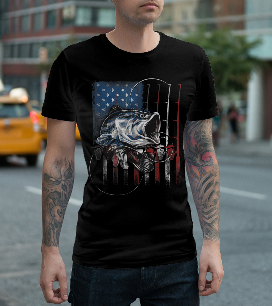 American Flag Vintage USA Bass Fishing T-Shirt