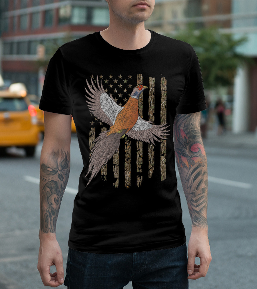 Usa American Flag Tree Camouflage Pheasant Wildlife T-Shirt