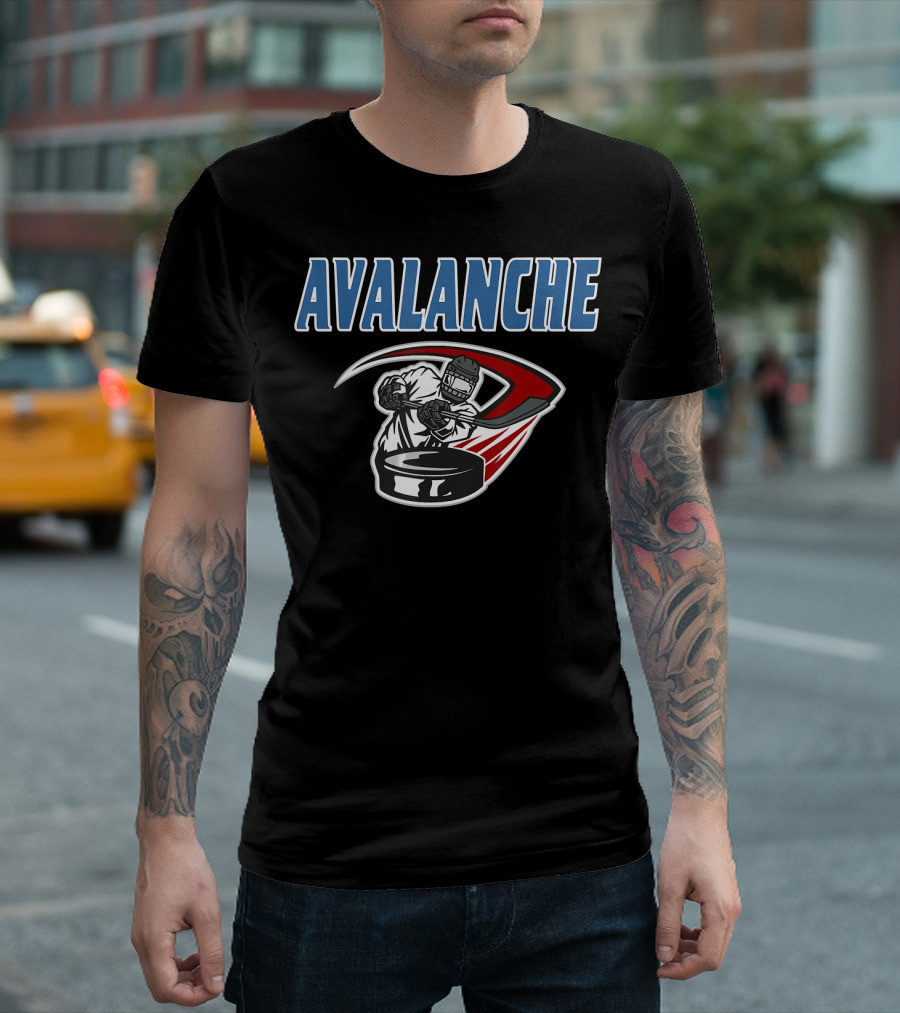 Avalanche Hockey Player with Puck and Red Swoosh T-Shirt