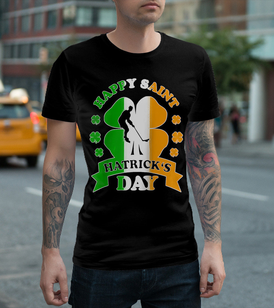 Happy Saint Hatrick's Day Irish Hockey Player Clover T-Shirt