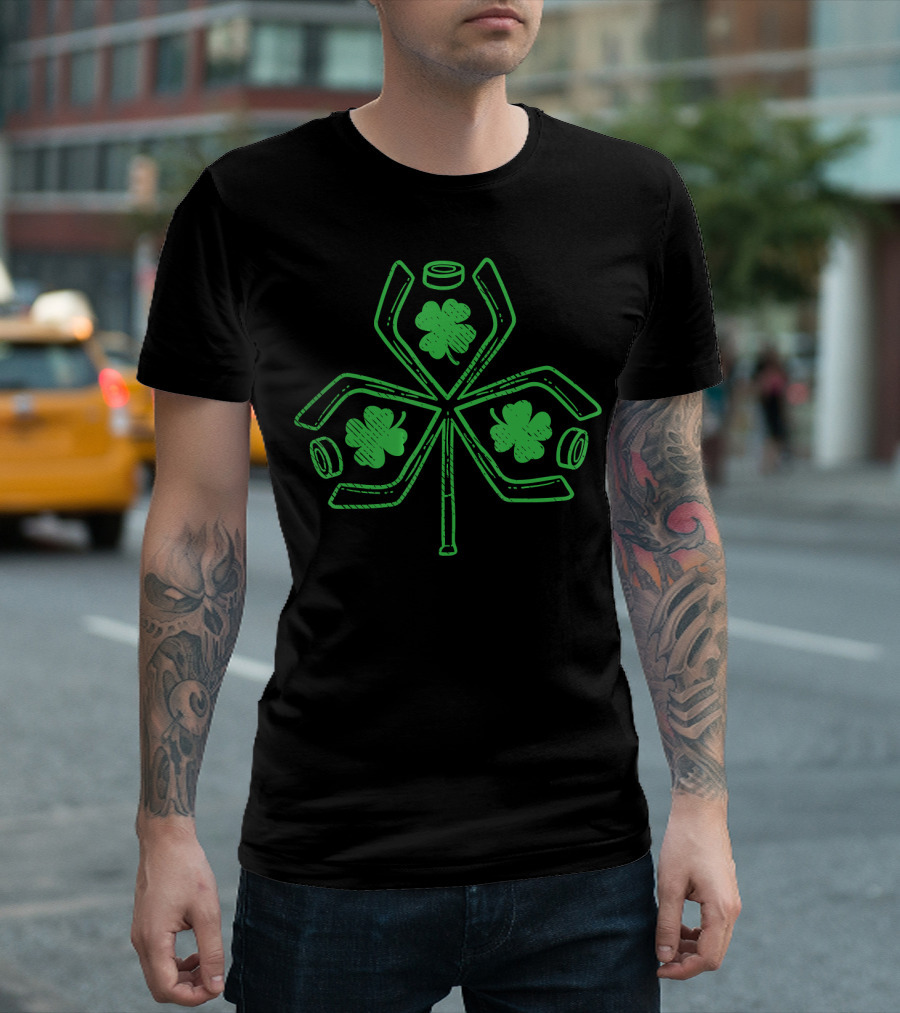 Ice Hockey Shamrock Clover Sticks Puck Green Leafs T-Shirt
