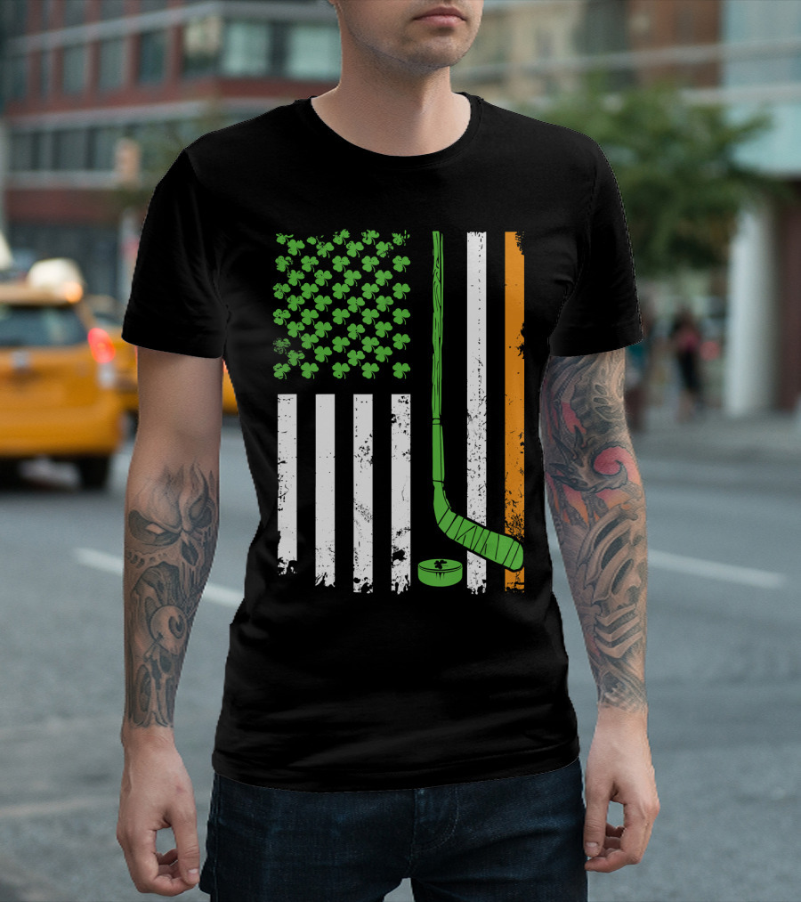Irish American Flag with Hockey Stick and Shamrocks for St Patrick's Day T-Shirt